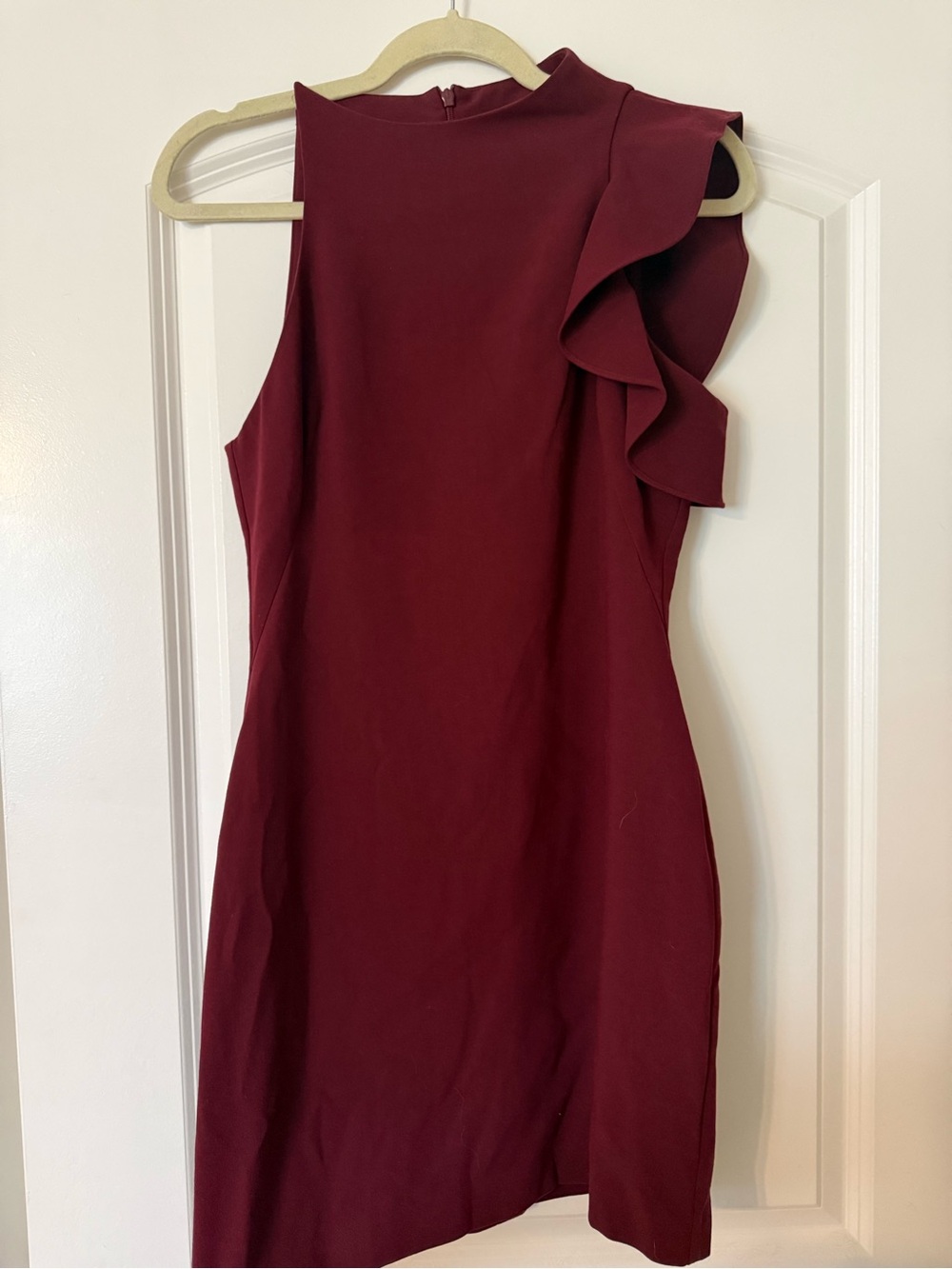 Black Halo Burgundy One-Shoulder Ruffle Sheath Dress